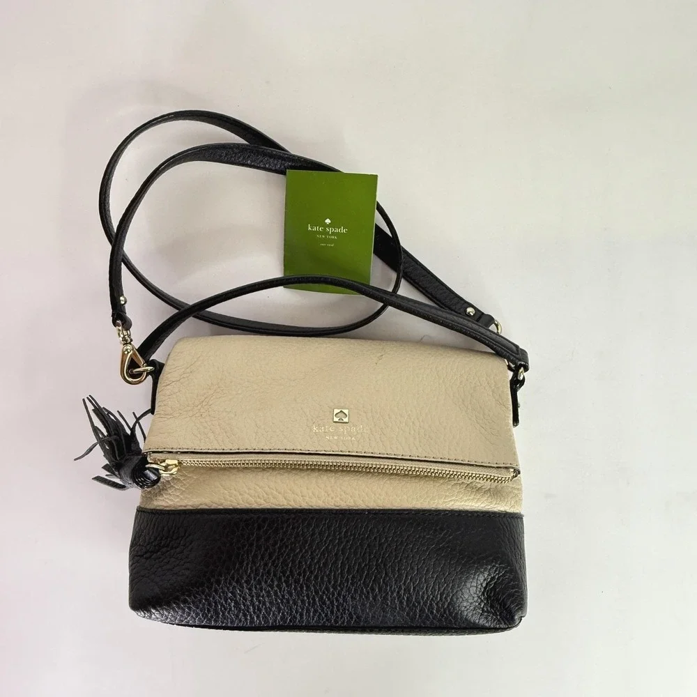 Kate Spade Crossbody Bag Womens Small Black Beige Pebbled Leather Tassel Purse
